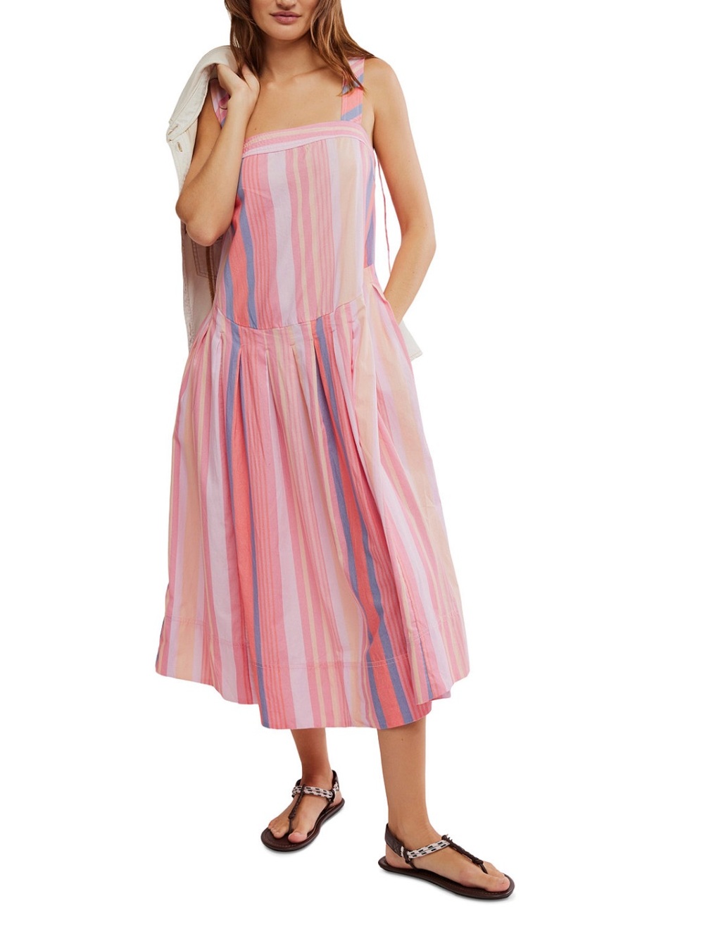 Free People primavera striped drop waist sun dress in strawberry pink XS